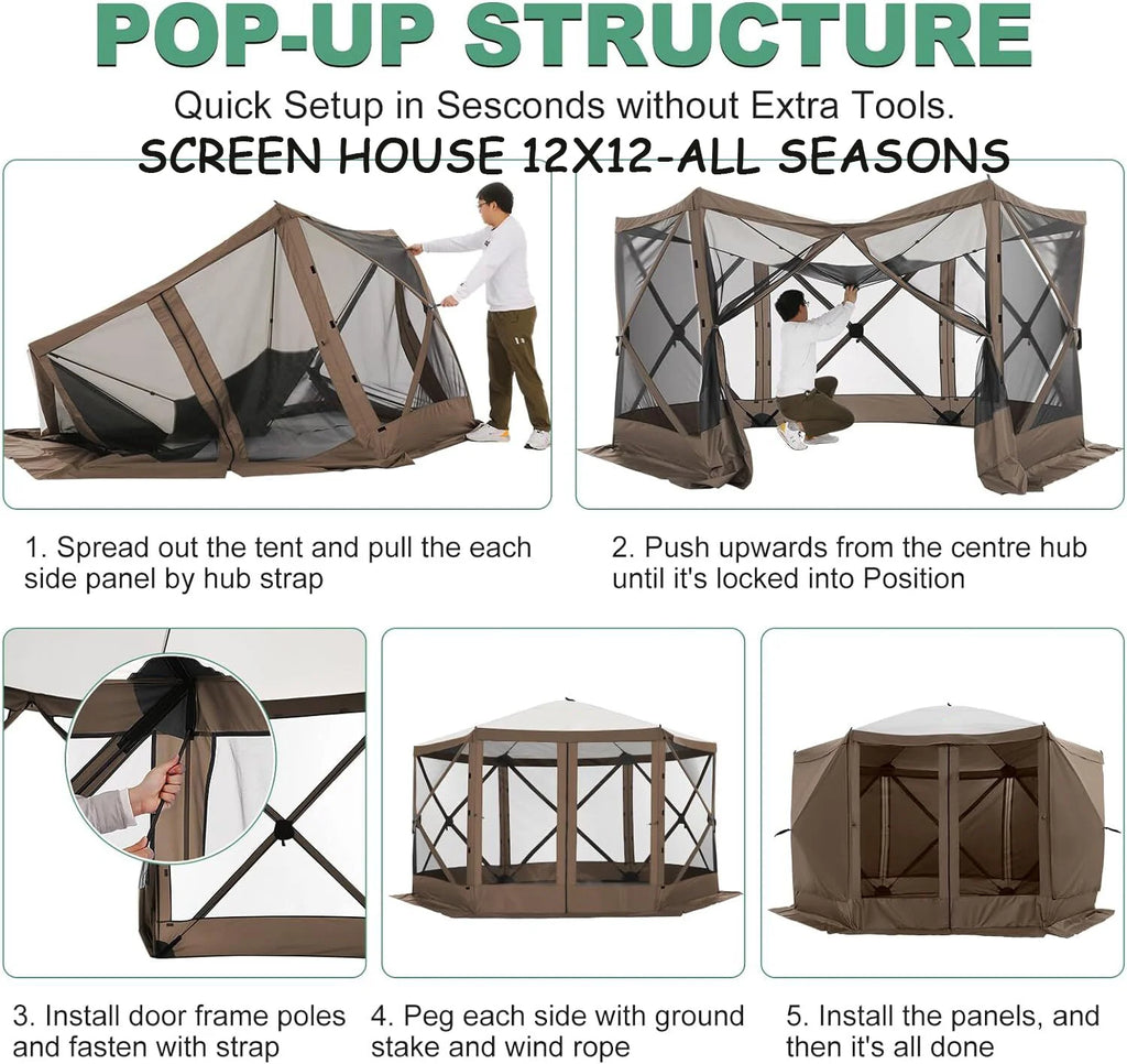 COBIZI 12x12 Pop Up Canopy Gazebo, Outdoor Canopy Tent Screen House with 5 sidewalls and Netting for Camping, Waterproof, UV Resistant, Ez Set-up Party Tent with Carrying Bag and Ground Stakes,Brown