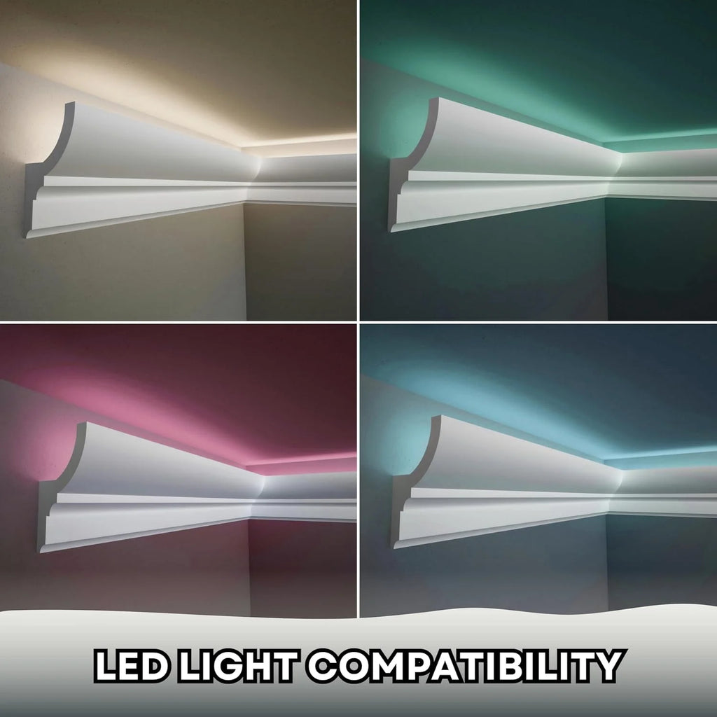 7-Piece 94.5 (55.12 ft) Crown Molding with Duct Kit for Seamless Ambient Home Accent Lighting | Waterproof Channel for Easy LED Strip Installation (CROWN MOLDING WITH LED DUCT)