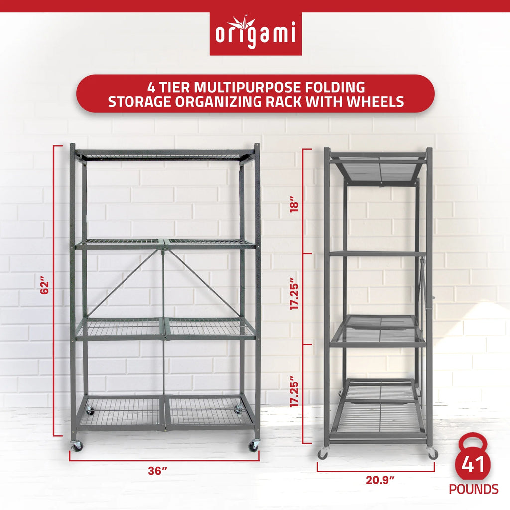 Origami 2-Pack R5 Series Heavy-Duty 4-Tier Foldable Steel Shelf, Pewter