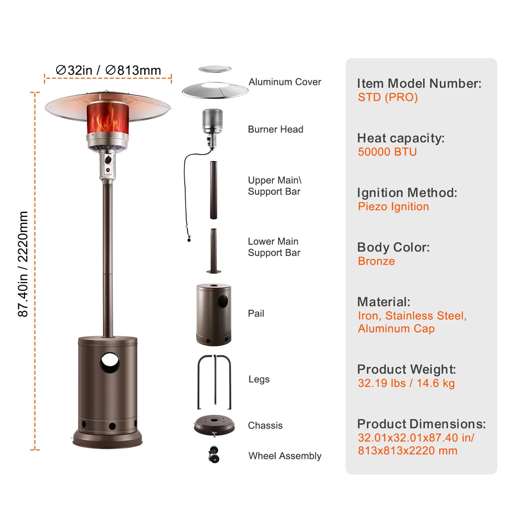 KFFKFF Outdoor Patio Heater, 50000BTU Propane Powered, Elegant Hammered Finish with Circular Table Feature, Durable Metal Burner & Portable Wheels, Ideal for Garden, Patio, Party, Backyard