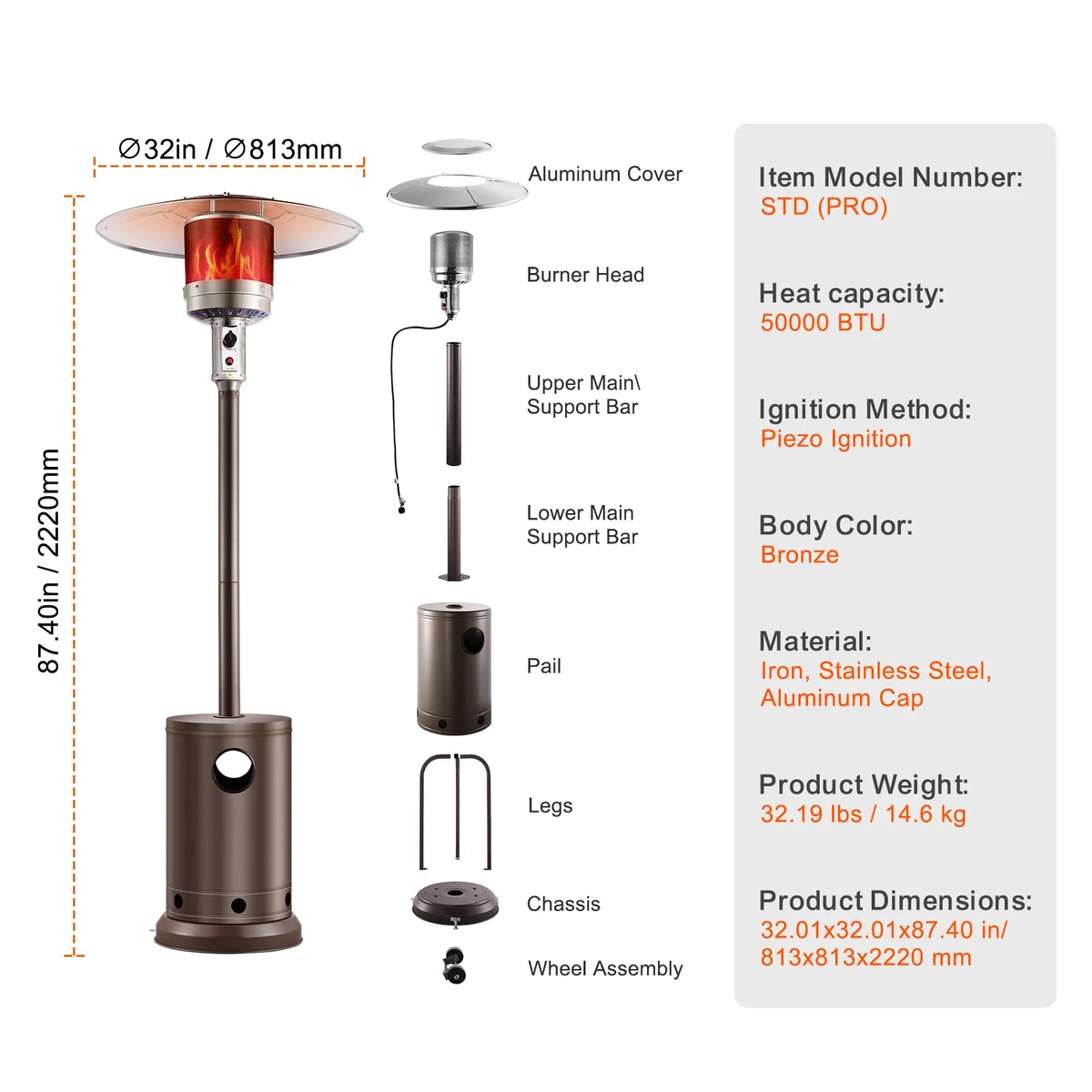 KFFKFF Outdoor Patio Heater, 50000BTU Propane Powered, Elegant Hammered Finish with Circular Table Feature, Durable Metal Burner & Portable Wheels, Ideal for Garden, Patio, Party, Backyard