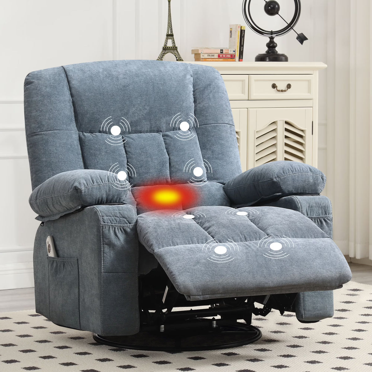 JONPONY Massage Swivel Rocker Recliner Chair with Vibration Massage and Heat Ergonomic Lounge Chair for Living Room with Rocking Function and Side Pocket, 2 Cup Holders, USB Charge Port,Grey