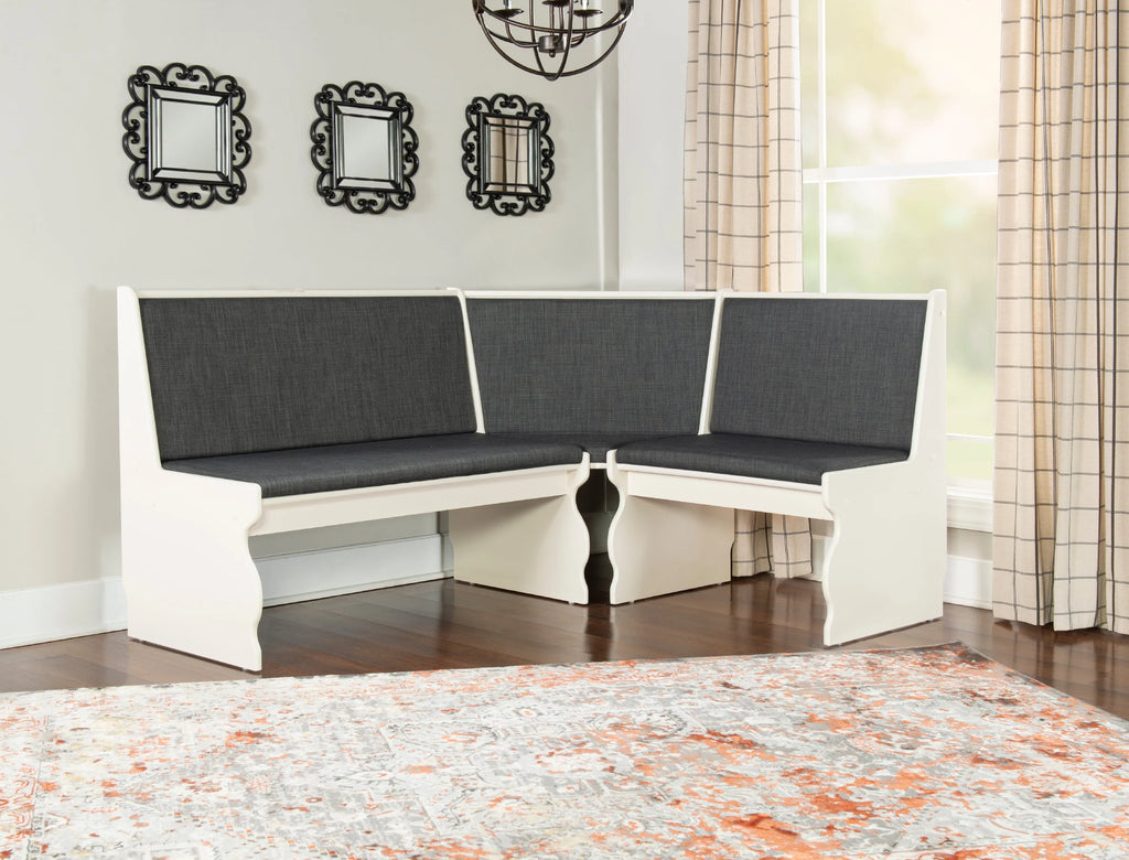 Linon Weston Corner Dining Breakfast Nook with Table and Bench, Seats 5-6, White Finish with Charcoal Fabric