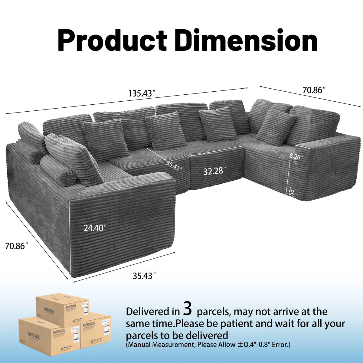 SOULART 135.5 Modular Customizable/L/U-Shape Sofa,Dark Grey Boneless Sectional Couch -  6-Seater Corduroy Couchfor Living Room Furniture