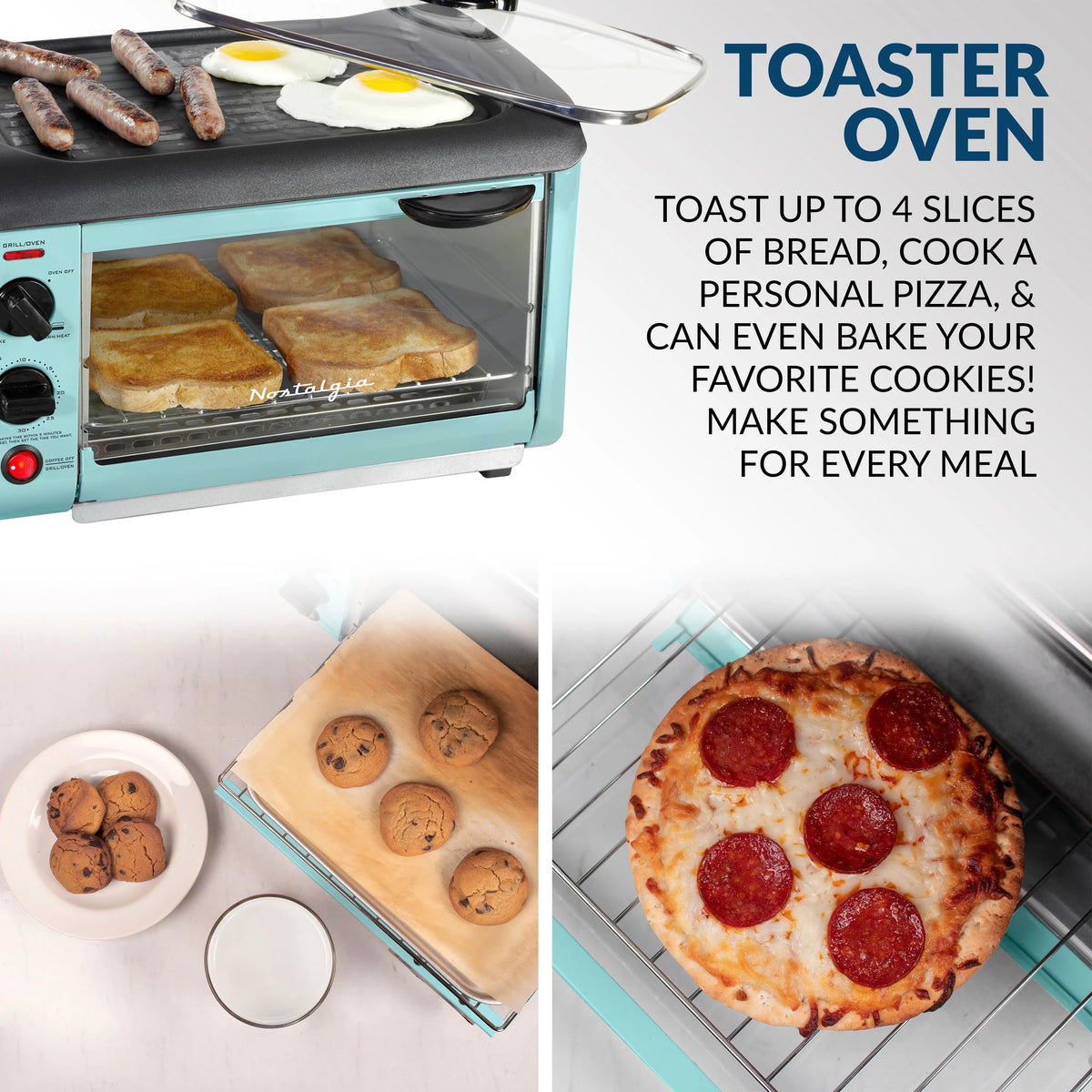 BST3AQ Retro 3-in-1 Family Size Electric Breakfast Station, Coffeemaker, Griddle, Toaster Oven - Aqua