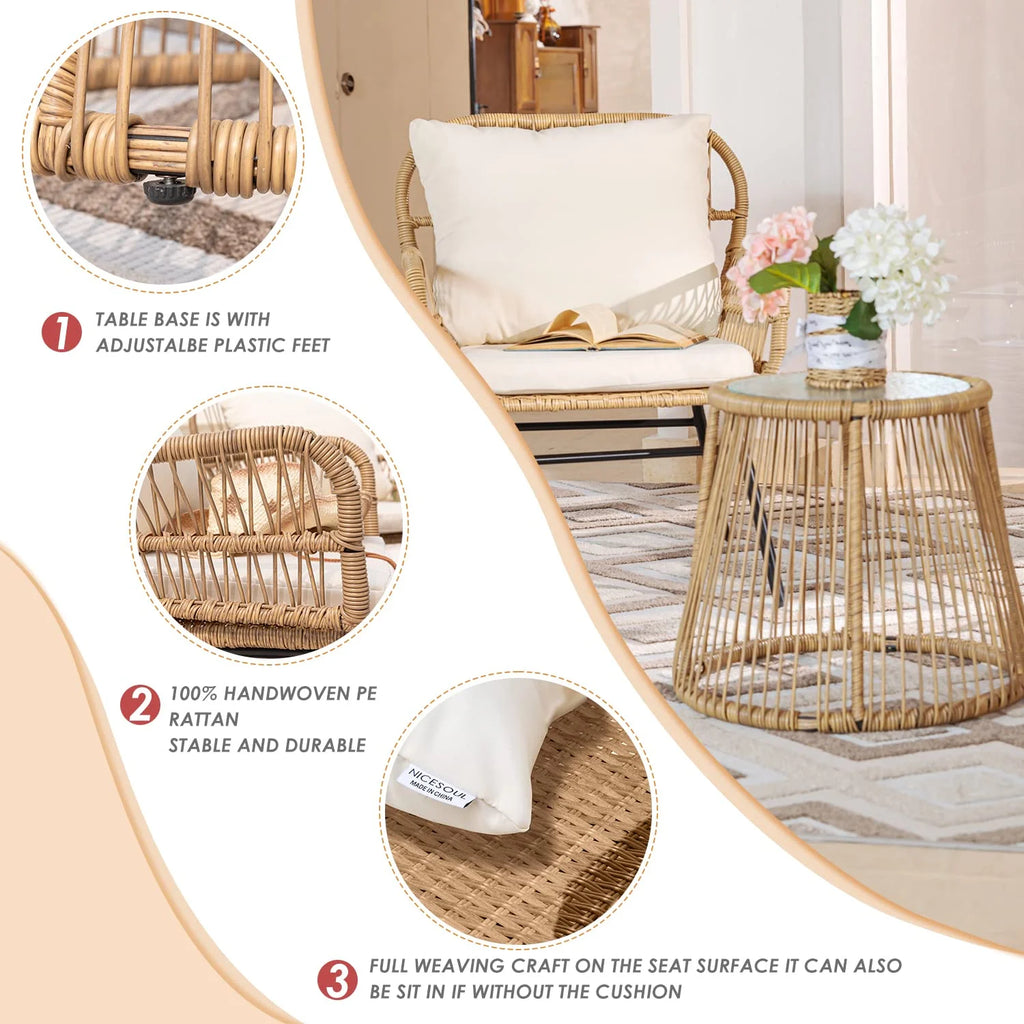 RADIATA 6-Piece Boho Patio Furniture Set, Outdoor Wicker Sectional Sofa Conversation Set with Ice Bucket & Coffee Table, 500lbs Capacity, Beige