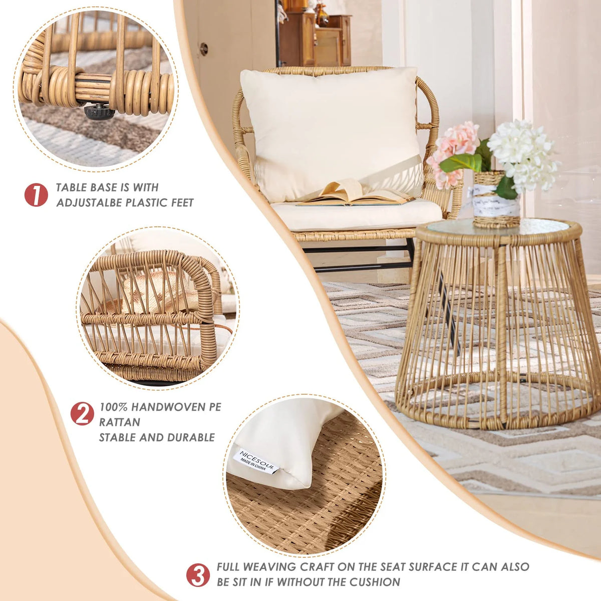 RADIATA 6-Piece Boho Patio Furniture Set, Outdoor Wicker Sectional Sofa Conversation Set with Ice Bucket & Coffee Table, 500lbs Capacity, Beige