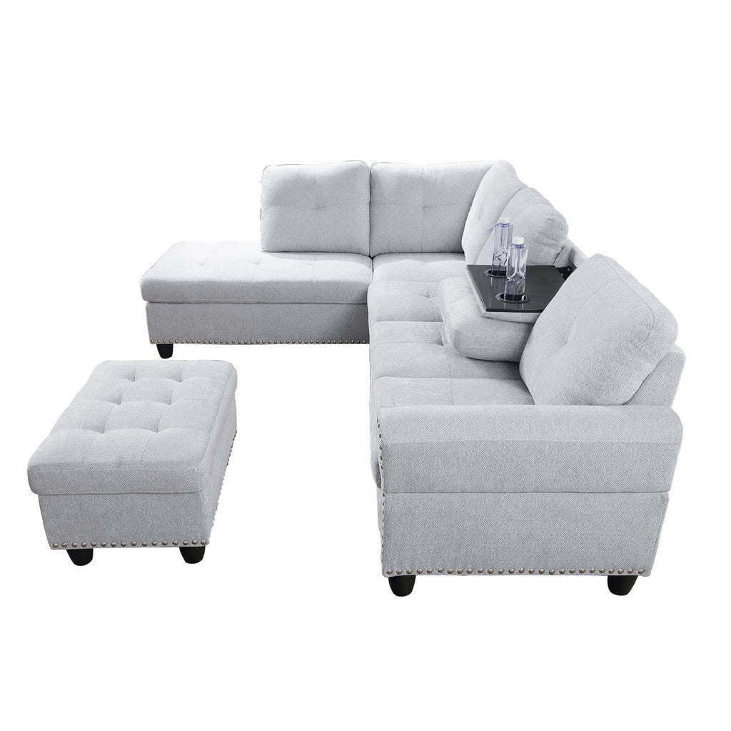 Aukfa 3 Piece Sectional Sofa, Living Room Couch with Storage Ottoman&Cup Holder, Linen, Right Hand, Purple