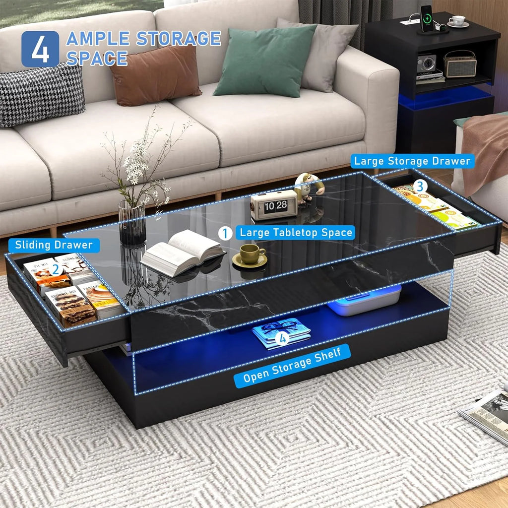 ChVans Large Black LED Coffee Table with 2 Storage Drawers, Modern High Gloss Coffee Table w/20 Colors LED Lights/APP Control, 2 Tiers Rectangle Large Living Room Furniture w/Marbling Print(47.3")