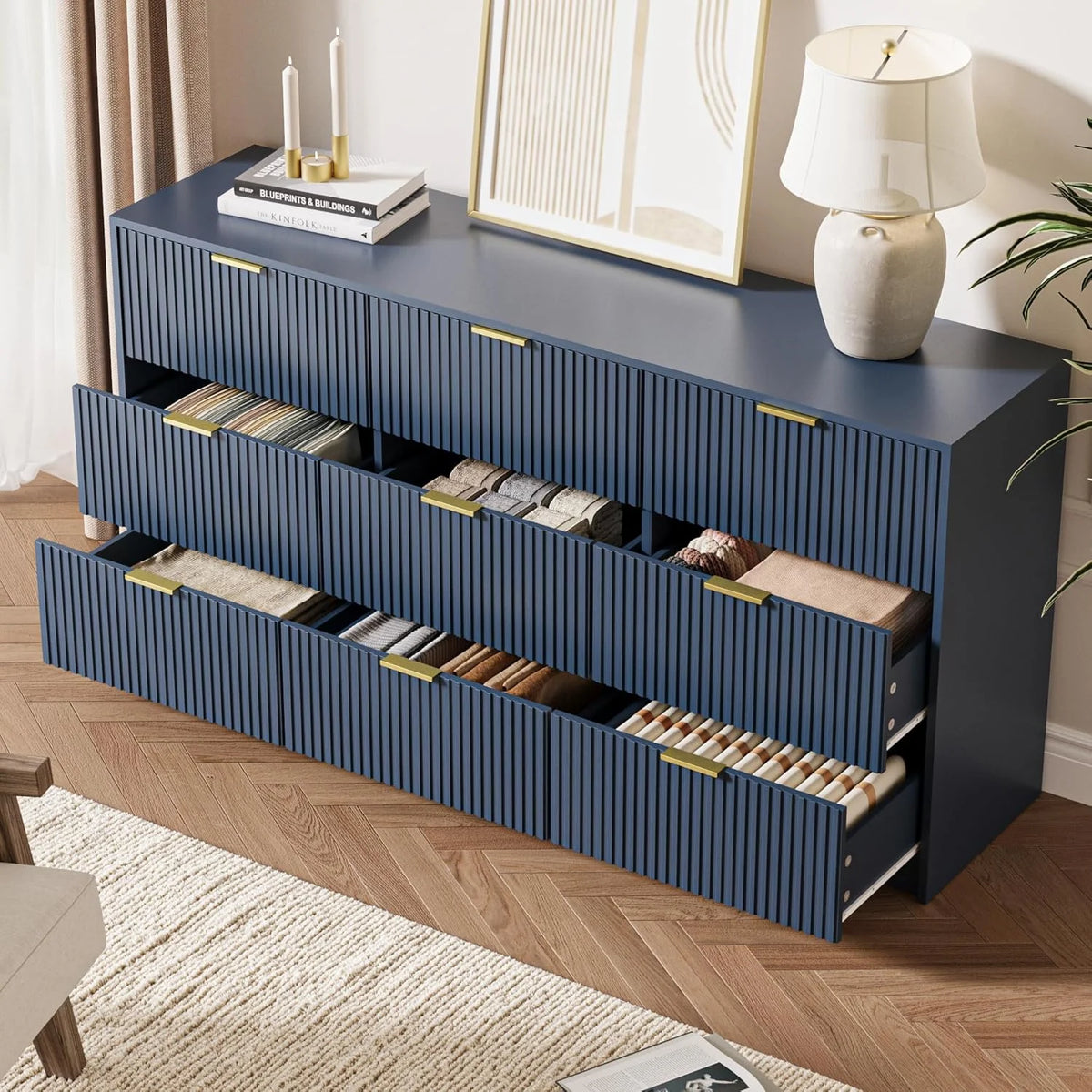Furniway Fluted Large 9-Drawer Black Dresser