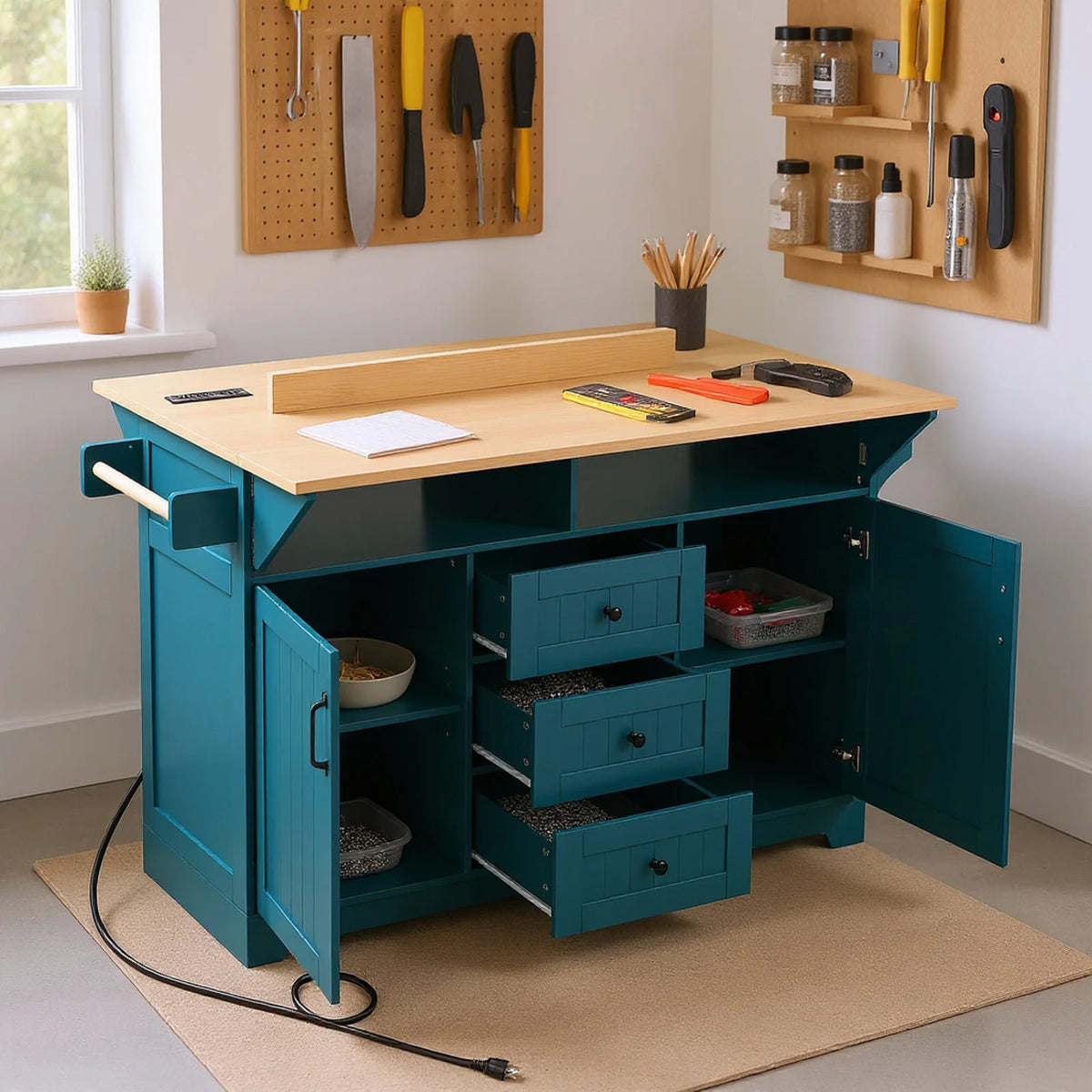 Homy Casa Rolling Large Garage Storage Cabinet with Dual Drop Leaves, Power Outlets for Office Gym, School