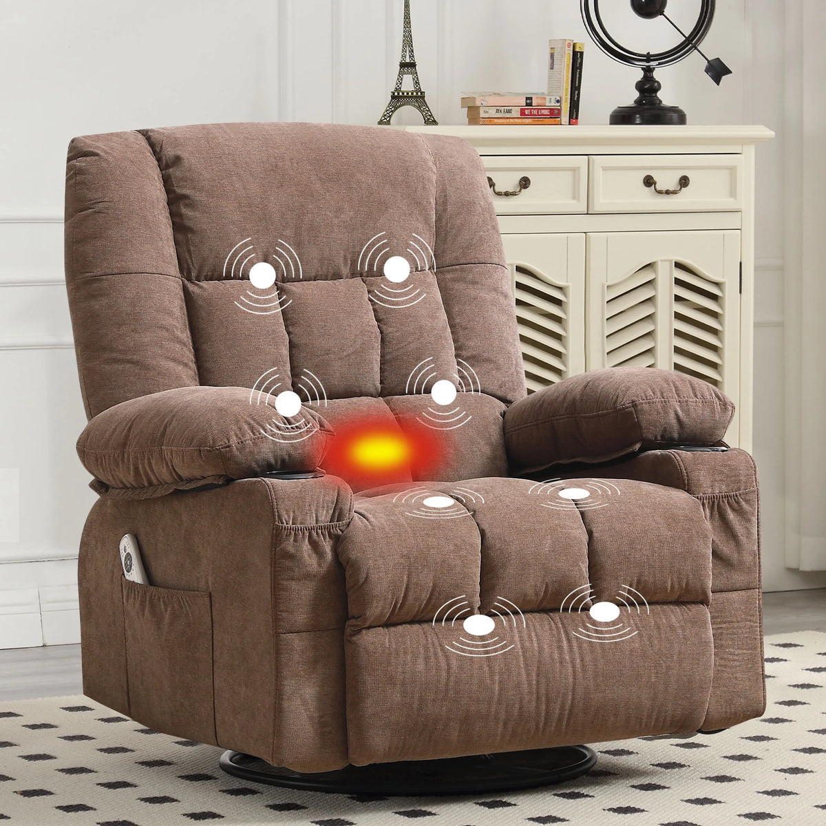 JONPONY Manual Recliner Chair with Heat Therapy and Massage Function, Heavy Duty Reclining Mechanism Massage Chair, Elderly Single Rocker Sofa with Cup Holders for Bedroom Home Theater,Blue