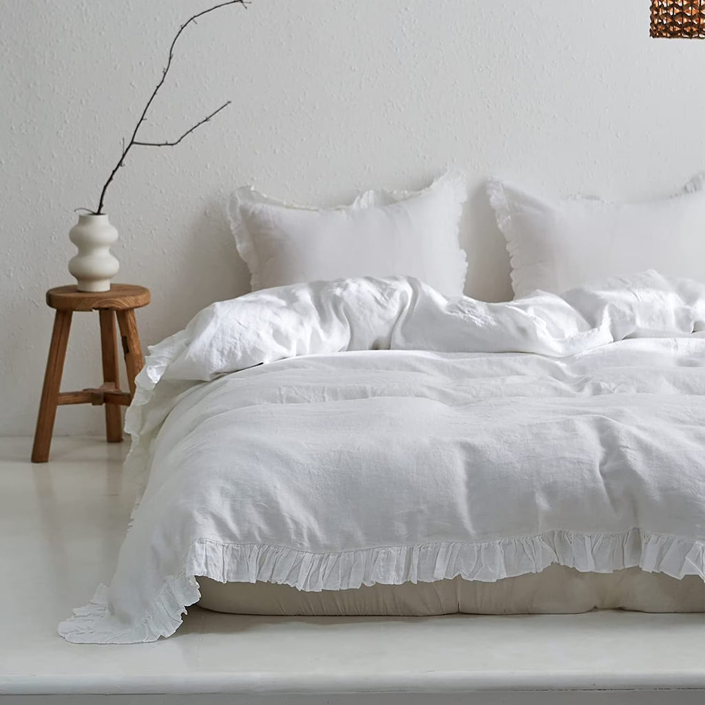 Simple&Opulence 100% Washed Linen Duvet Cover Set-3 Pieces Shabby Chic Premium Ruffled Bedding with 1 Comforter Cover and 2 Pillowshams France Flax High End Frill Sets Vintage Style(King, White)
