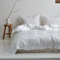 Simple&Opulence 100% Washed Linen Duvet Cover Set-3 Pieces Shabby Chic Premium Ruffled Bedding with 1 Comforter Cover and 2 Pillowshams France Flax High End Frill Sets Vintage Style(King, White)