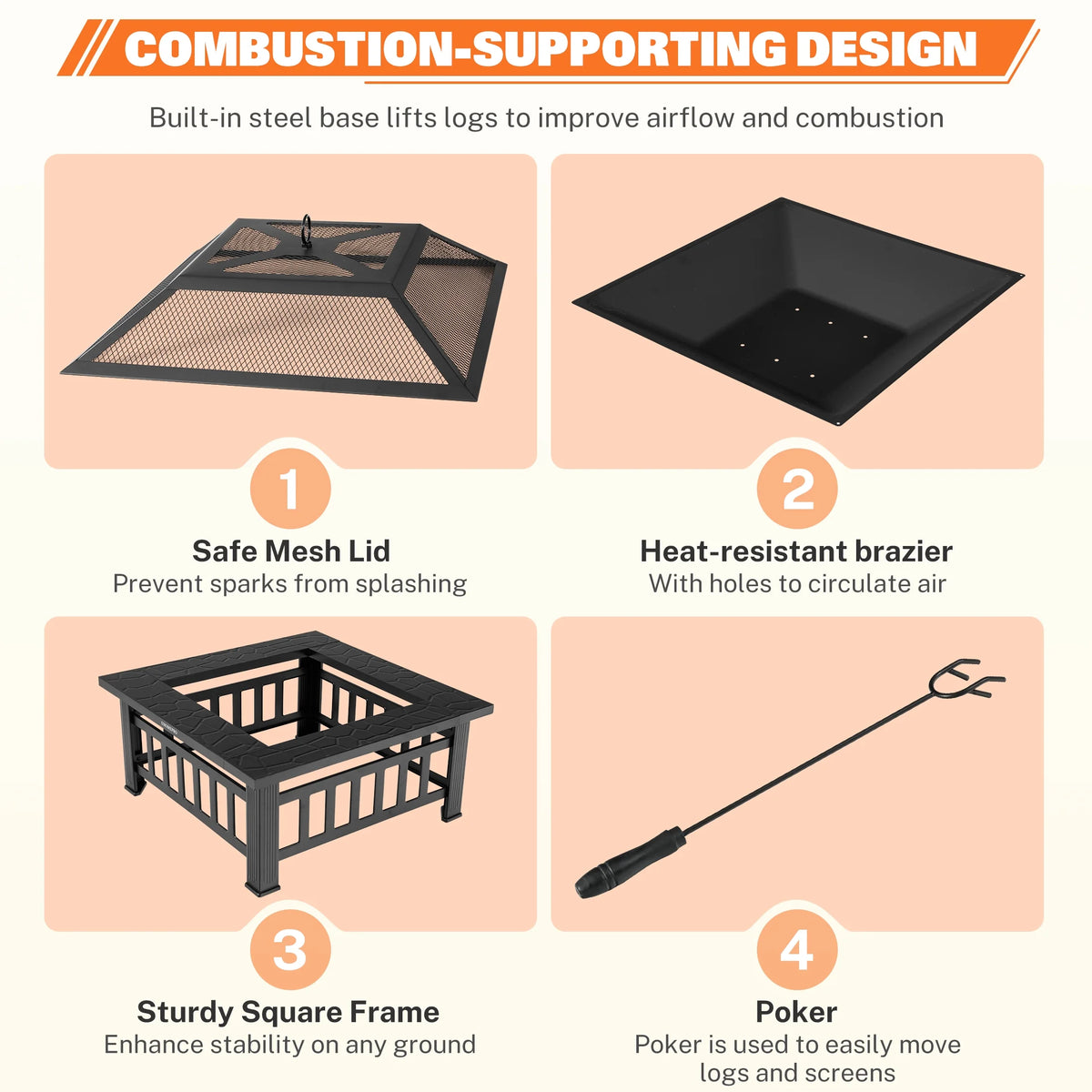 Fire Pits for Outside, 32" Wood Burning Fire Pit Tables with Firewood Rack, Screen Lid, Poker, BBQ Net, Food Clip and Cover, Backyard Patio Garden Outdoor Fire Pit BBQ Fire Pit, Black