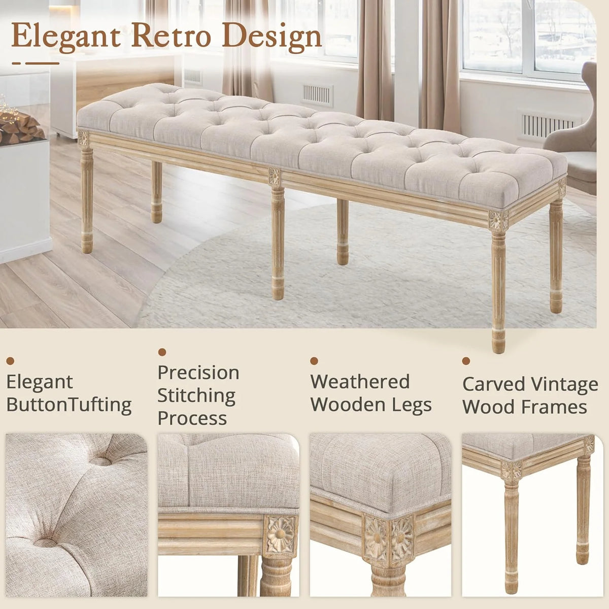 Dycanpo 44'' End of Bed Bench, Vintage Upholstered Bench for Entryway, Wheat