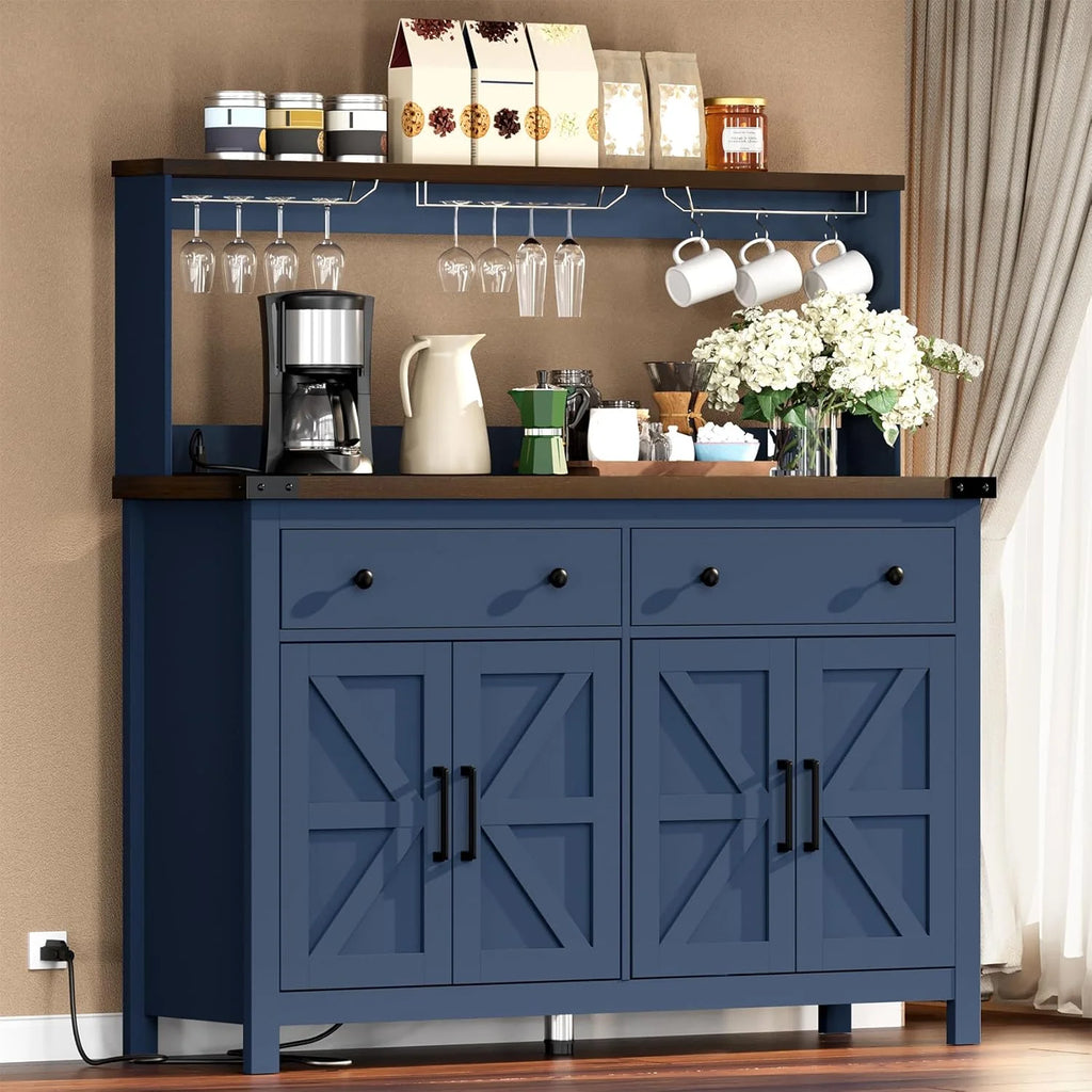 Winkalon Coffee Bar Cabinet with Hutch, 55" W Kitchen Buffet Sideboard Cabinet with 2 Drawers & USB Power Station, Black