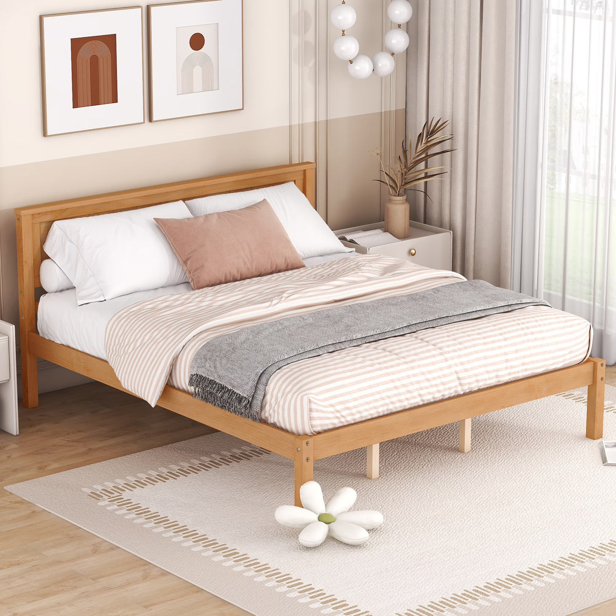 Euroco Twin Platform Bed, Modern Wood Frame Bed with Headboard and Slats for Kids Room, Oak