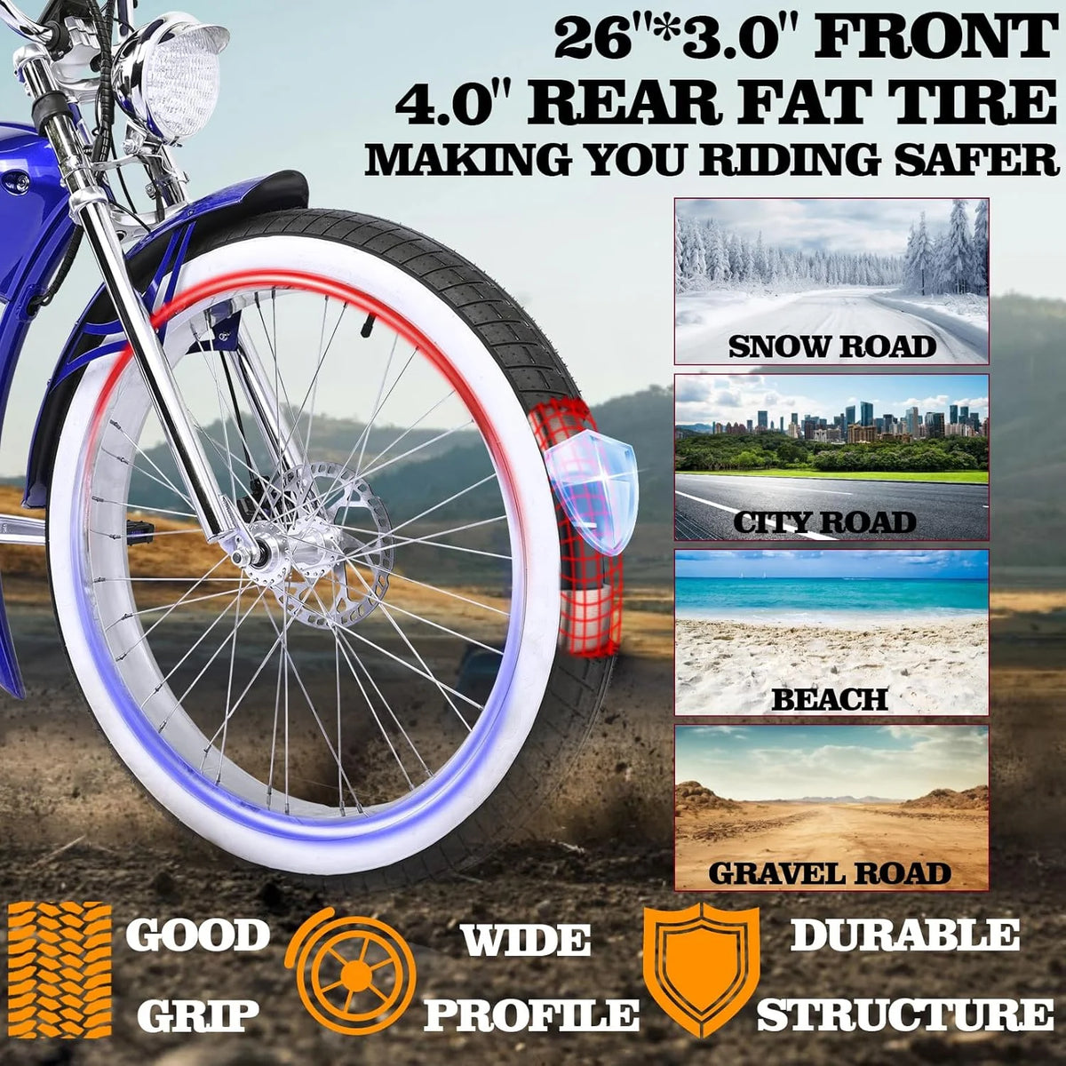 Twenty5 GT 800W Chopper Stretch Cruiser Ebike, 26" Wheels, Supsension Triple Tree Fork, White Wall Tire, Disc Brake, for Men, Blue