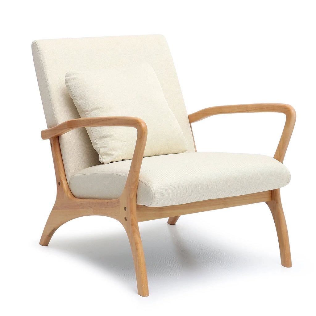 July's Song Mid-Century Modern Accent Chair,Living Room Linen Read Arm Chairs with Cushion,Wood Frame Armchair for Bedroom,Beige