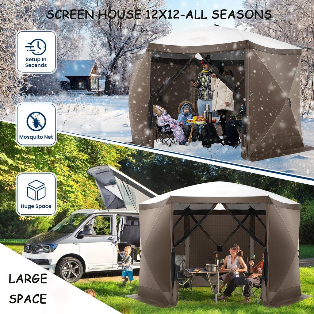 COBIZI 12x12 Pop Up Canopy Gazebo, Outdoor Canopy Tent Screen House with 5 sidewalls and Netting for Camping, Waterproof, UV Resistant, Ez Set-up Party Tent with Carrying Bag and Ground Stakes,Brown