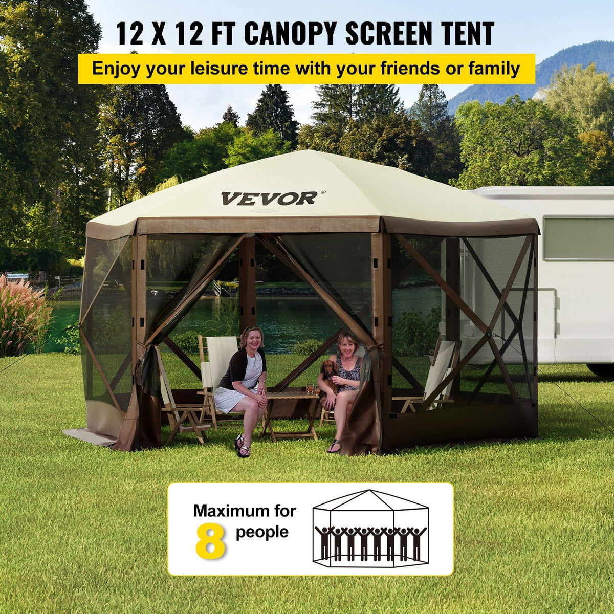 Extra Large 12x12ft Pop-Up Screen Tent, Portable Gazebo Canopy with Mesh Sides – Water-Resistant Shelter for Camping, Beach, Lawn (Brown/Beige, 6-Sided Design)