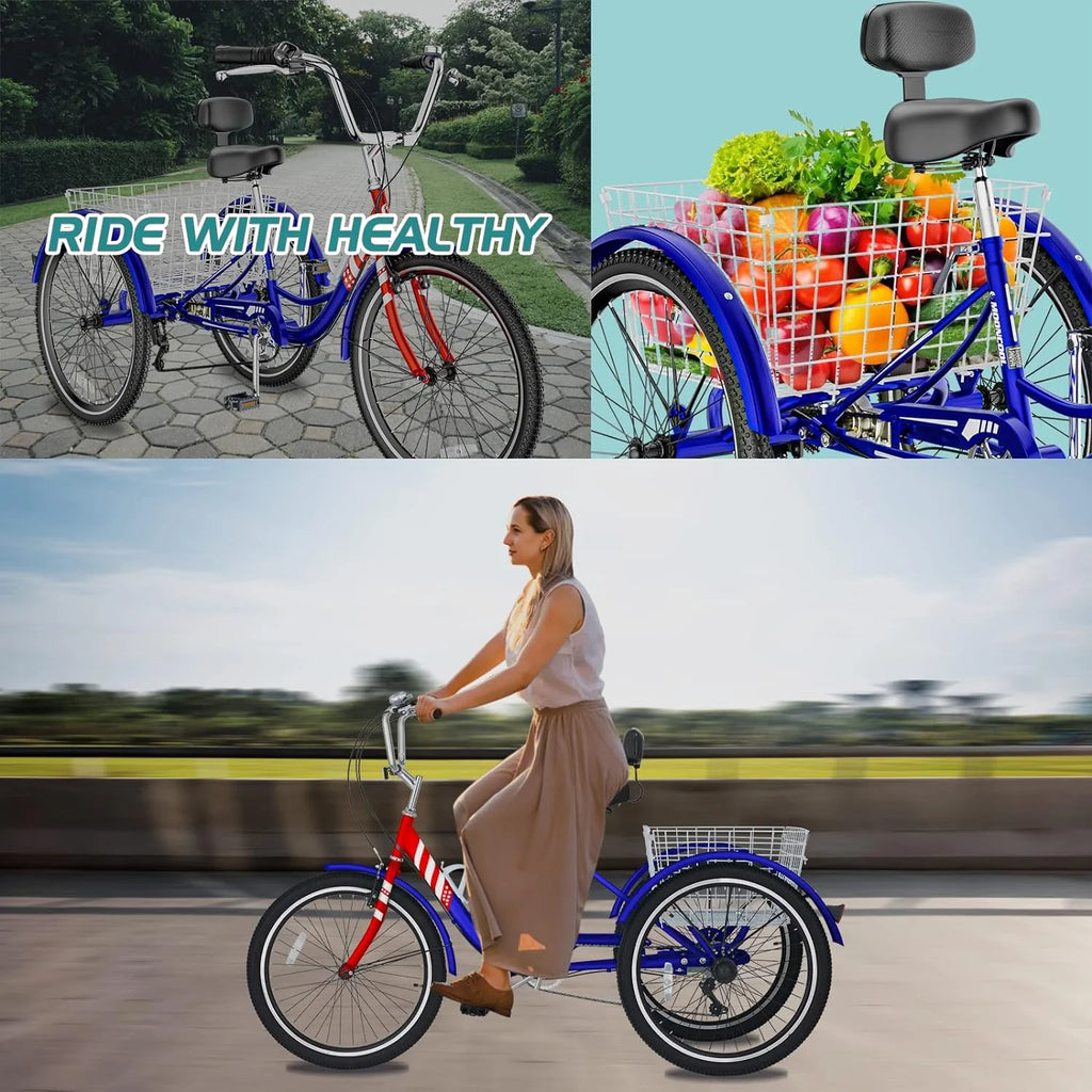 FICISOG 7 Speed Adult Tricycle for Women, 20/24/26 Inch Adult Trike with Basket, 3 Wheel Bikes for Adults Seniors, Cruise Trike for Shopping Picnic