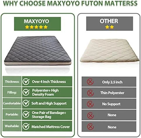 Japanese Floor Futon Mattress King Size, Floor Bed for Adults, Roll Up Folding Mattress, Diamond Patterned Japanese Futon Bed, Dark Grey