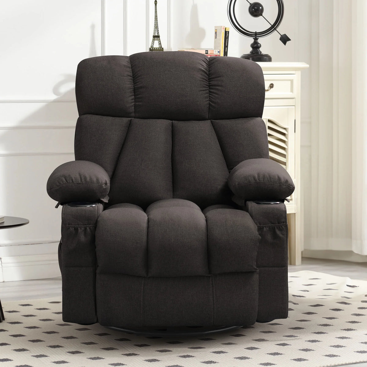 JONPONY Manual Recliner Chair with Heat Therapy and Massage Function, Heavy Duty Reclining Mechanism Massage Chair, Elderly Single Rocker Sofa with Cup Holders for Bedroom Home Theater,Grey