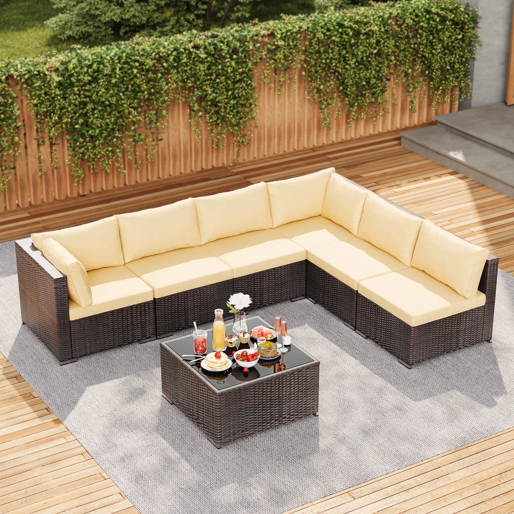 7 Piece Outdoor Patio Furniture Set, Asofer Rattan Wicker Outdoor Conversation Sectional Sofa Set, Gray