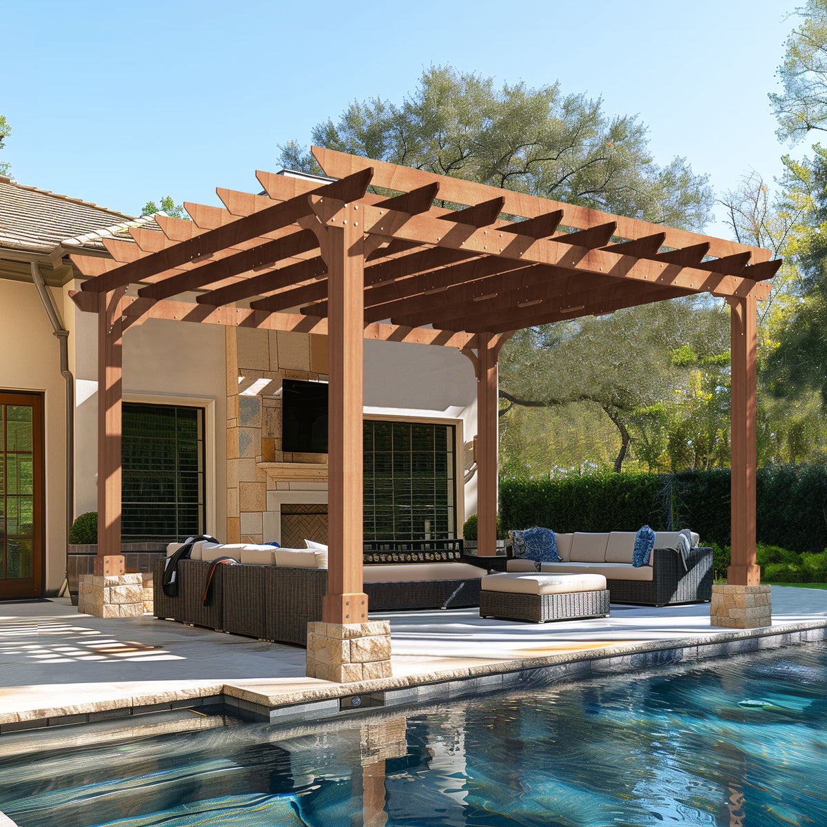 VEIKOUS 12'x10' Cedar Wood Pergola w/ Flat Roof and Ground Stakes for Outdoor Patio, Garden, Deck
