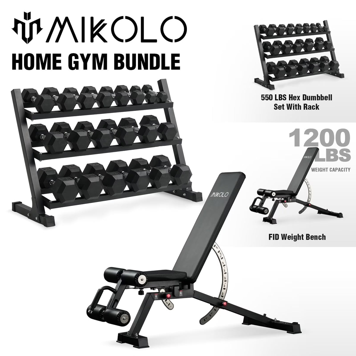 Mikolo Rubber Hex Dumbbell Set with Racks, Option in 450lbs, Strength Training Weight Set Home Gym