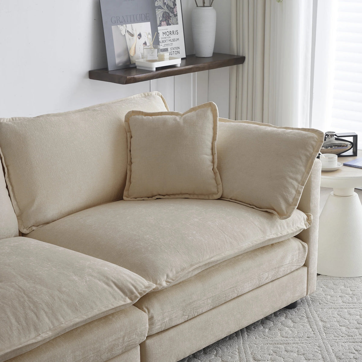 Comfy Deep Seat Sofa Chair, Upholstered Chenille Fabric Armchair with Toss Pillow for Living Room, Bedroom - Beige, Sturdy Wood Frame, 22+ Combination Options