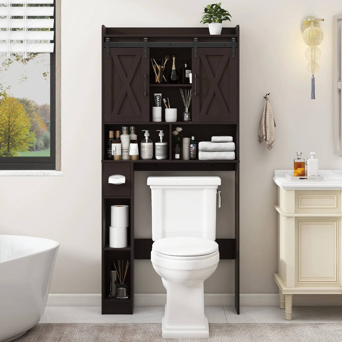 Over The Toilet Storage Cabinet, Farmhouse Storage Cabinet Over Toilet with Sliding Doors Home Space-Saving Toilet Rack, for Bathroom, Restroom, Laundry