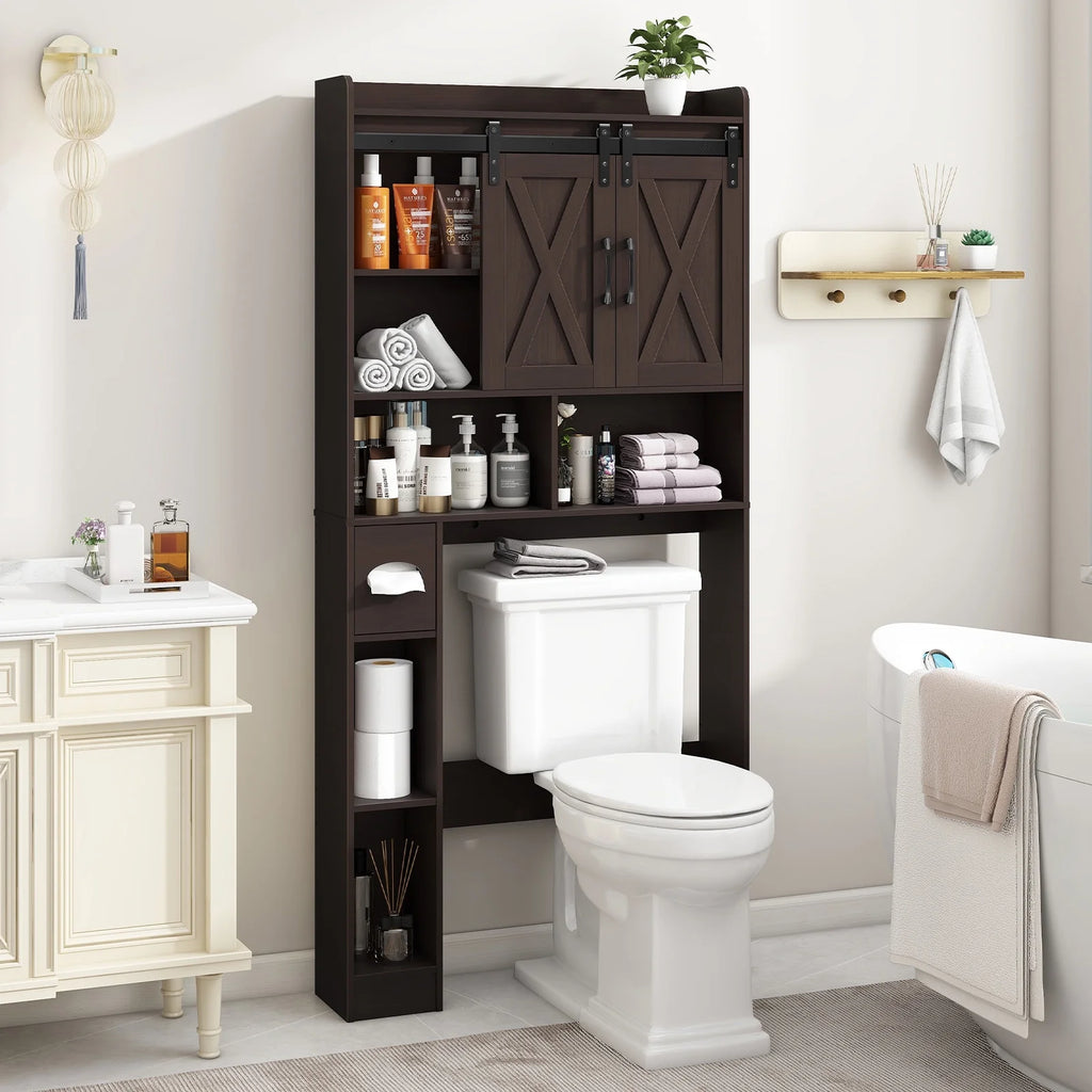 Over The Toilet Storage Cabinet, Farmhouse Storage Cabinet Over Toilet with Sliding Doors Home Space-Saving Toilet Rack, for Bathroom, Restroom, Laundry