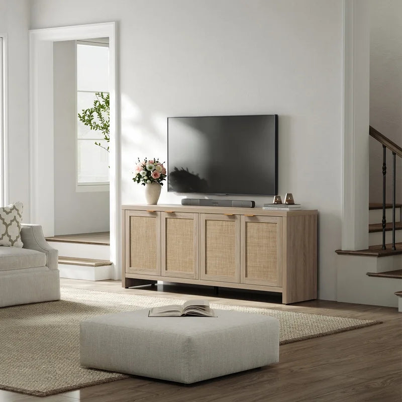 SICOTAS 61.5"W Rattan TV Stand with 4 Doors, Boho Entertainment Center with Adjustable Shelves & Spacious Countertop Large Boho Farmhouse Media Console for Living Room, Reclaimed Caramel Oak