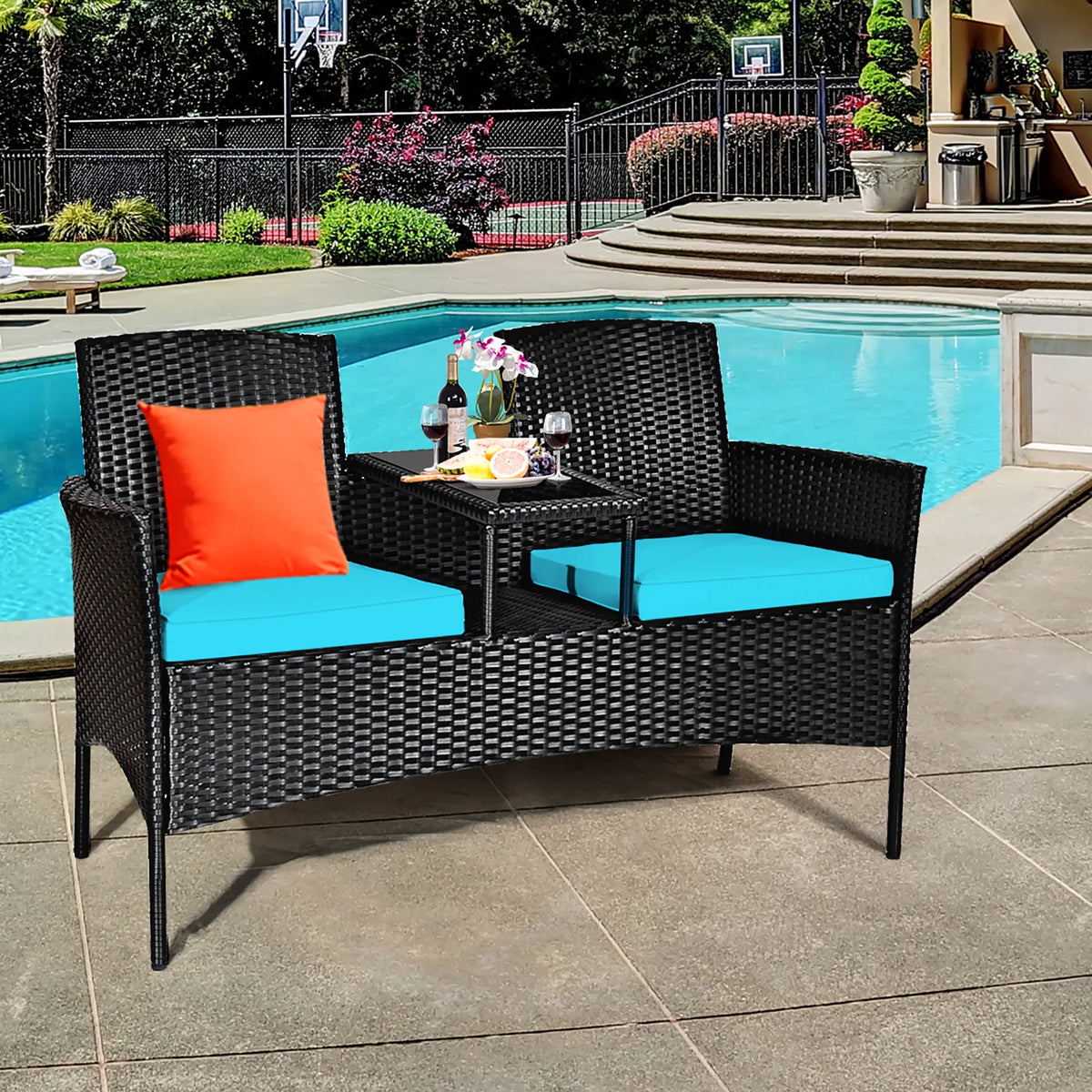 Costway Patio Rattan Conversation Set Seat Sofa Cushioned Loveseat Chairs Turquoise