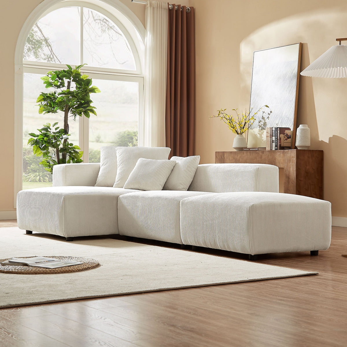 Newboti Furniture Soft Corduroy Sectional Modular Sofa Set, Small L-Shaped Chaise Couch for Living Room, Apartment, Office, Beige 25673