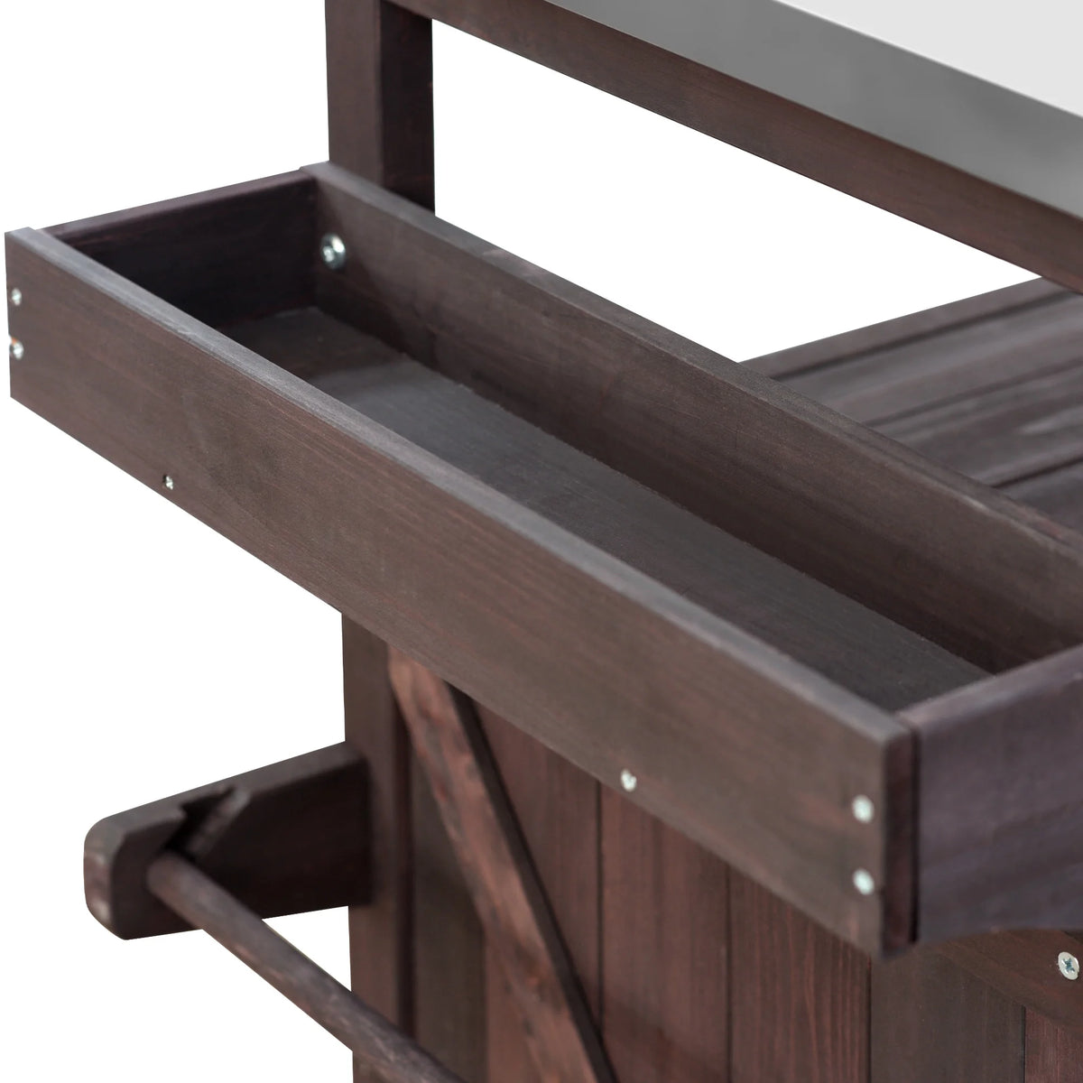 Outdoor Kitchen Island, Rolling Bar Cart & Storage Cabinet, Farmhouse Solid Wood Outdoor Grill Table with Stainless Steel Top, Spice Rack , Towel Rack for Kitchen & BBQ , Natural