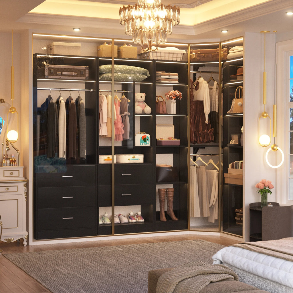Homieasy Freestanding Closet System with 3 Sets, 87.2" Closet Organizer System with 5 Drawers & 4 Hanging Rods, Reversible L Shaped Walk-in Closets, Black