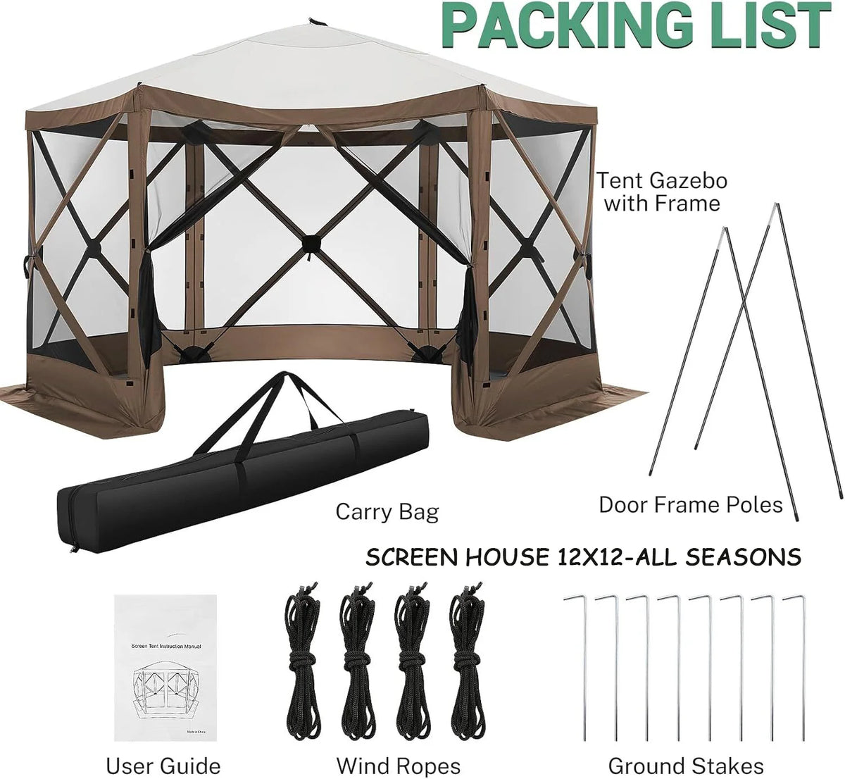 COBIZI 12x12 Pop Up Canopy Gazebo, Outdoor Canopy Tent Screen House with 5 sidewalls and Netting for Camping, Waterproof, UV Resistant, Ez Set-up Party Tent with Carrying Bag and Ground Stakes,Brown