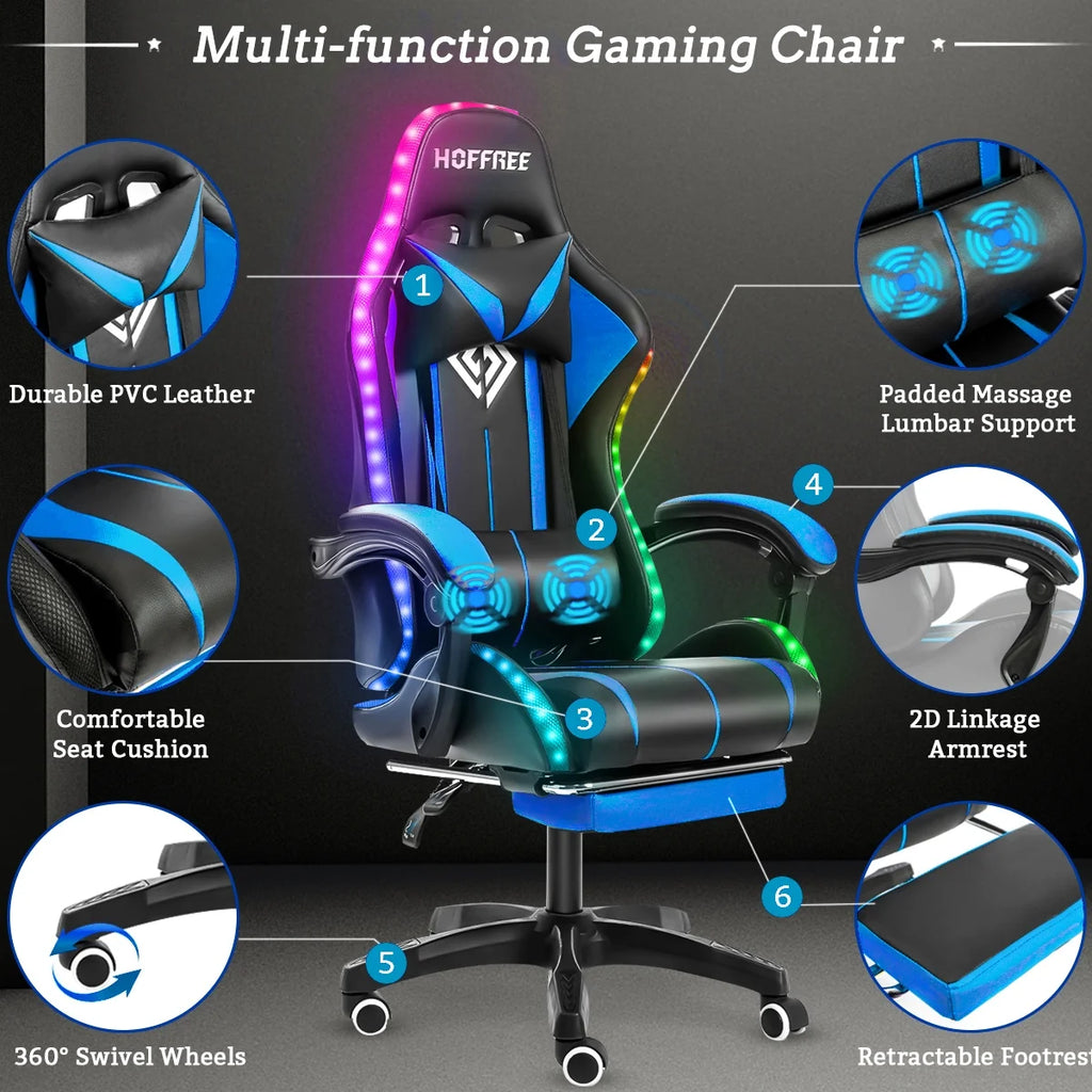Hoffree Gaming Chair with Bluetooth Speakers and Footrest Massage Office Chair with LED Lights Ergonomic Game Chair High Back with Lumbar Support and Headrest Adjustable Swivel for Adults 300lb