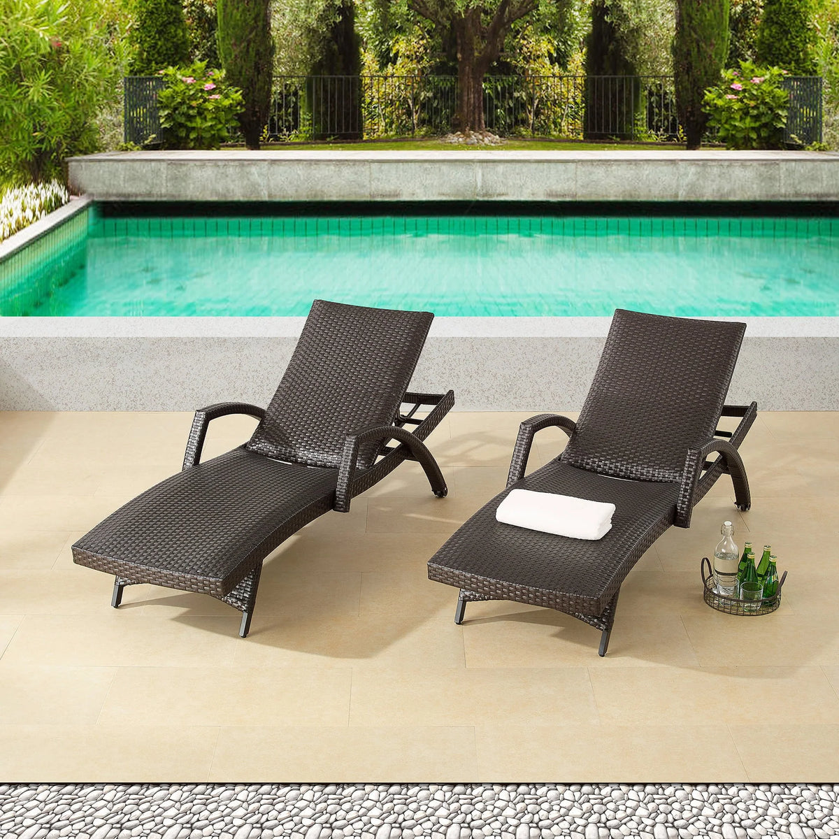 Ulax Furniture Outdoor Woven Padded 2 Pieces Aluminum Chaise Lounge Chairs  Patio Armed Lounger Adjustable Chair with Wheels and Quick Dry Foam(Dark Brown)