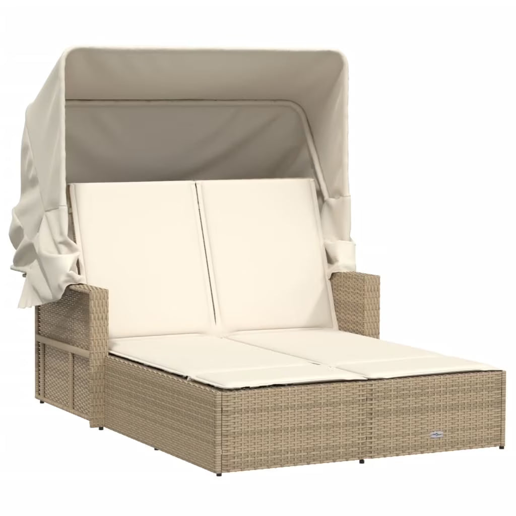 vidaXL Powder Coated Steel Removable Canopy and Cushions Double Sun Lounger, Beige