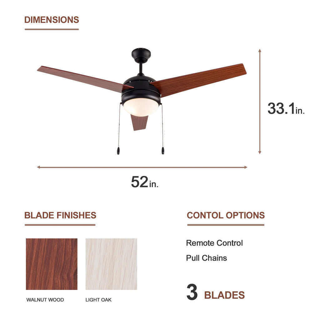 Simpol 52" Prominent Indoor Ceiling Fan with LED Light, Pull Chain and Remote Control, Reversible AC Motor, Walnut/Silver Reversible Blades and Satin Nickel Finish