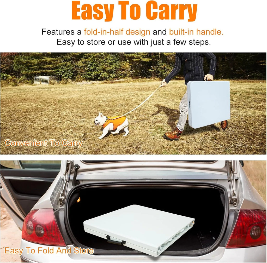 Folding Table with Carry Handle, Portable Fold-in-Half Plastic Table, Rectangle Foldable Table for Indoor