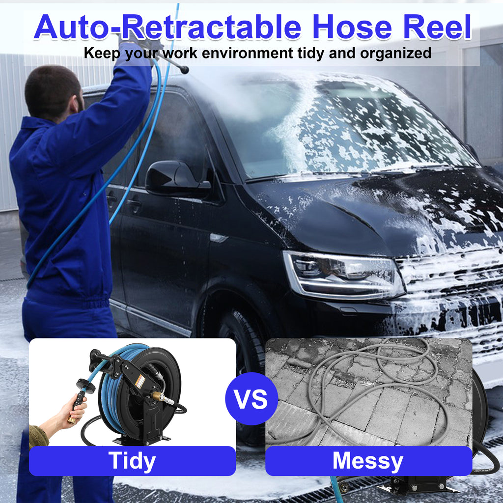 Auto-Retractable Pressure Washer Hose Reel, 50FT x 3/8" Heavy Duty Steel Power Washer Hose Reel Dual Arm, 4000 PSI