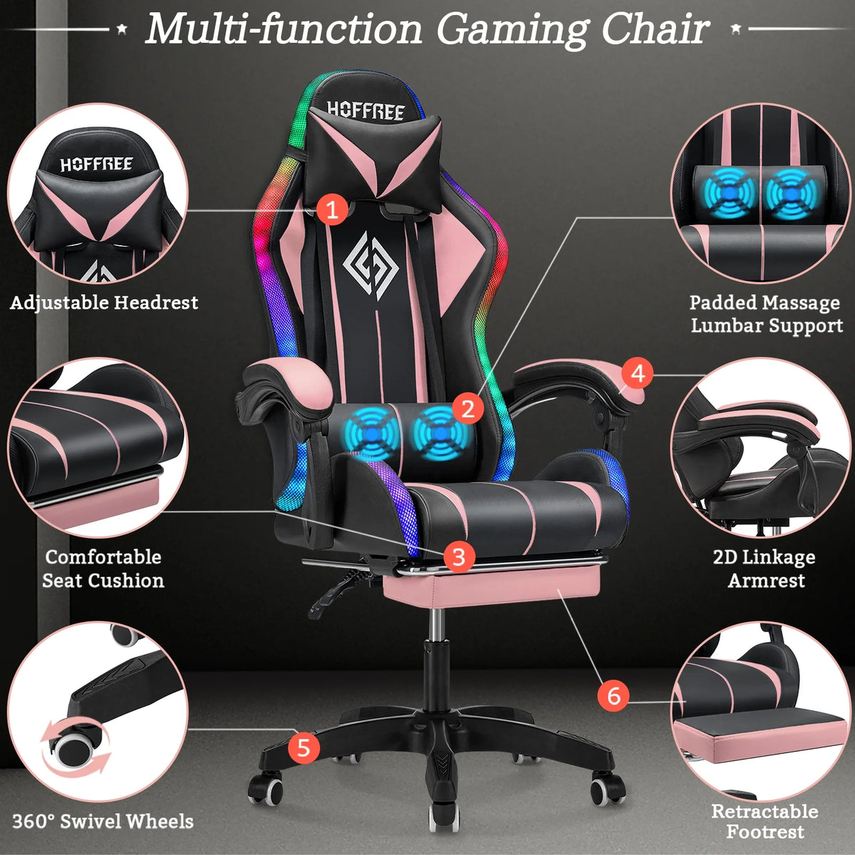 Hoffree Gaming Chair with Bluetooth Speakers and Footrest Massage Office Chair with LED Lights Ergonomic Game Chair High Back with Lumbar Support and Headrest Adjustable Swivel for Adults 300lb