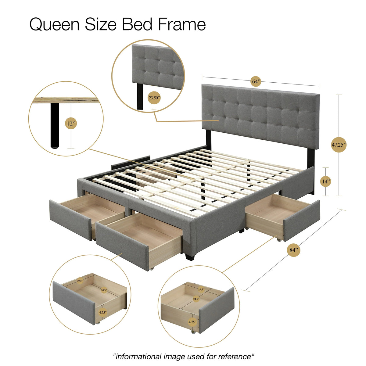 DG Casa Benjamin Upholstered Platform Bed Frame with Storage Drawers Square Tufted Headboard and Full Wooden Slats, Box Spring Not Required - Queen Size in Beige Polyester Blend Fabric