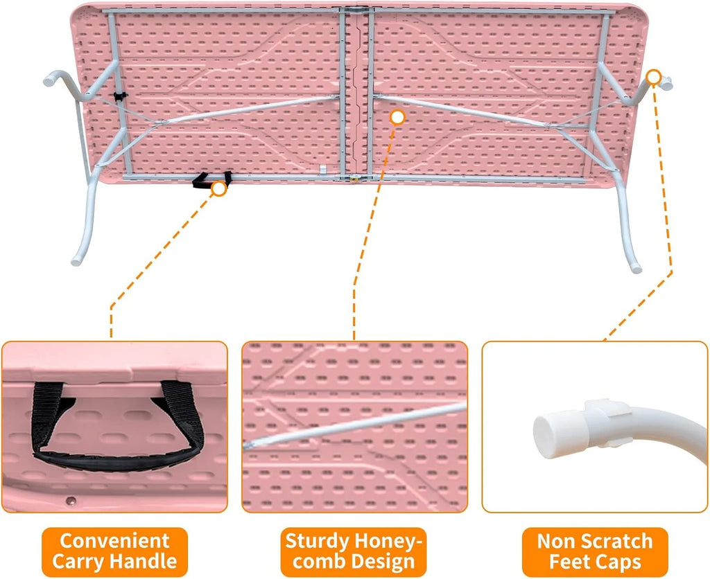 Folding Table with Carry Handle, Portable Fold-in-Half Plastic Table, Rectangle Foldable Table for Indoor